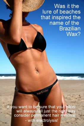 A brazilian wax job will make your bikini lie flat - for a while. If you like the look, go permanent with electrolysis!